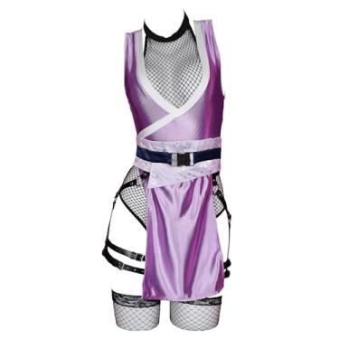 Imagem de Mobbunny Fantasia feminina de anime cosplay roxo com fenda alta, body de malha arrastão com máscara e meias na coxa