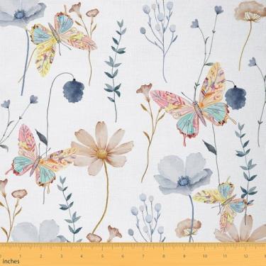 Imagem de Erosebridal Tecido floral aquarela por jarda Borboleta Azul Bege Tecido de estofamento Rústico Rústico Ramos de Flores Tecidos Impermeáveis ao Ar Livre para Cama Exterior Interior Diy Decoração