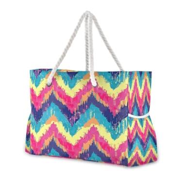 Imagem de Wassud Bolsa de praia colorida em ziguezague grande bolsa de praia para mulheres, impermeável, à prova de areia, bolsa de viagem com zíper e bolso para piscina, academia, acampamento