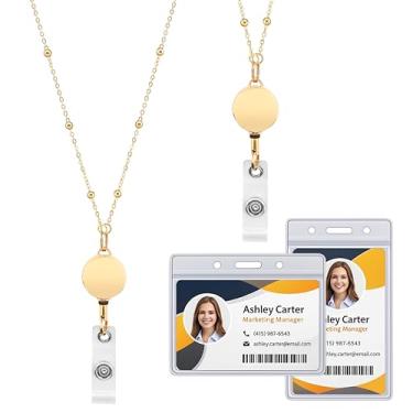 Imagem de Cordão retrátil banhado a ouro com 2 peças de suporte de identificação para mulheres, cordão de corrente moderna, colar de crachá de nome (ouro)