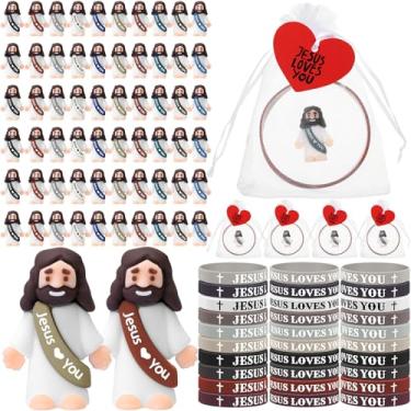 Imagem de Bememo 150 peças de mini bonecos de Jesus a granel Jesus Loves You, pulseiras de borracha, bolsa de organza de Natal, cartão de cristo, pulseiras para escola dominical, igreja, jogo de esconder