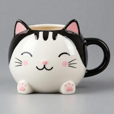 Imagem de WHISKERLY Xícara de café de cerâmica para gatos de 473 ml – design de animal fofo, utensílios grandes feitos à mão para café e chá – laranja, branco, preto e cinza (preto)