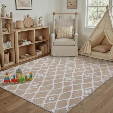 Imagem de PureCozy Tapete bege 10 x 15 cm marroquino felpudo para escritório, lavável, macio, sem queda, neutro, boho, tapete de pelúcia para entrada, cozinha, sala de jantar, quarto, sala de estar