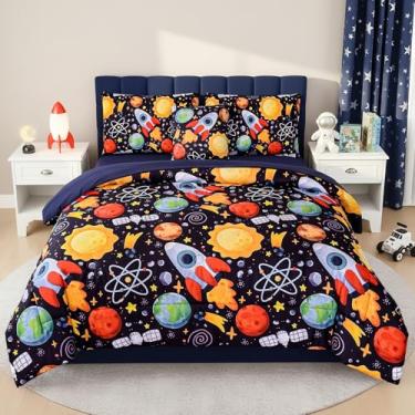 Imagem de BQH Jogo de cama espacial de tamanho casal para meninos – edredom de foguete e galáxia com lençol de bolso profundo, enchimento inteiro, lavável na máquina para reforma de quarto de crianças e