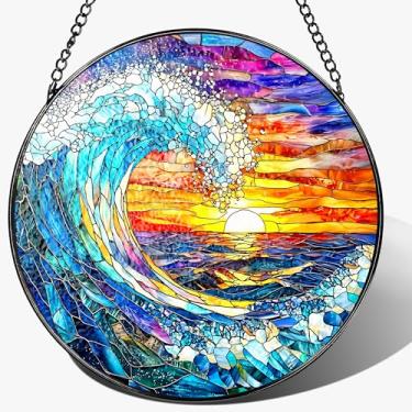 Imagem de Vitral pendurado em vitrais, apanhador solar de 20 cm com ondas do mar, pôr do sol na janela da praia, presente para amantes da praia, presentes naturais, Natal, Dia das Mães, presentes de inauguração