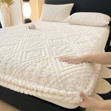 Imagem de Protetor de colchão quente de inverno de algodão espesso, respirável e amigo da pele, bolso profundo, antiderrapante, lençol com elástico para solteiro/casal/queen/king, branco||120 x 200 cm