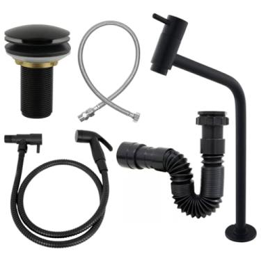 Imagem de Kit Torneira Cuba Banheiro Preta Metal +Ducha Higiênica + Válvula Click + Sifão Preto + Engate 60cm