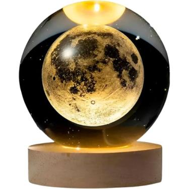Imagem de Luminária de Mesa Decorativa Led Globo Esfera Cristal Base Madeira Galáxias Planetas Lua