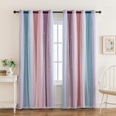 Imagem de indistar Cortinas blackout coloridas listradas com recorte de estrela para quarto, design misto de 2 camadas de tecido e tule, linda cortina de janela para quarto de crianças 1 painel (L132 x C95 roxo