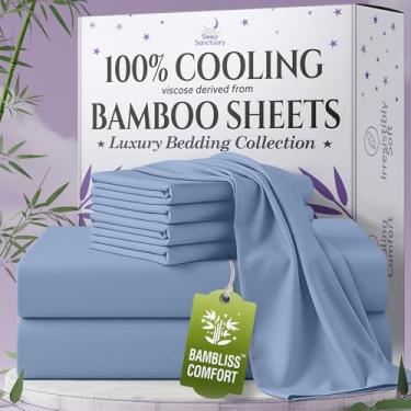 Imagem de SLEEP SANCTUARY Viscose 100% orgânica derivada de lençóis de bambu tamanho casal 6 peças - ultra macio e refrescante, bolso profundo de 43 cm, costura dupla, perfeito para quem dorme quente - Lençóis