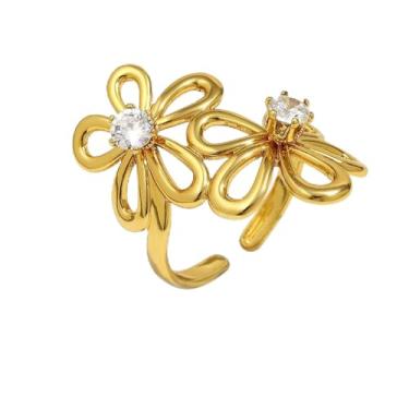 Imagem de Anel de casamento feminino de aço inoxidável, zircônia cúbica, floral, margarida, ajustável, banhado a ouro 18K, joia delicada para noiva, mãe, alianças empilháveis