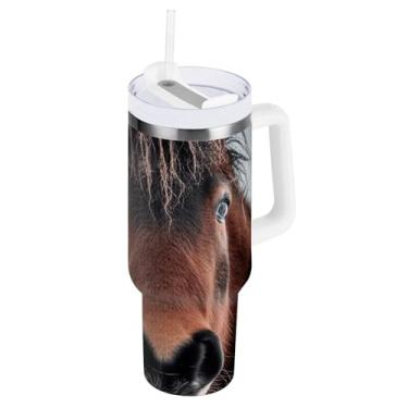 Imagem de ODAWA Copo à prova de vazamento de 1,134 g, copo isolado duplo cavalo marrom com alça e tampa de canudo