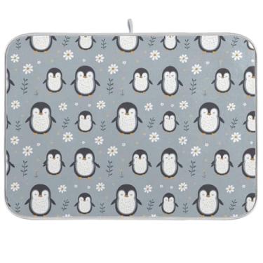 Imagem de Tapetes de secagem de pratos azuis com flores de pinguim, 45,7 cm x 61 cm, almofada de secagem reversível, prato de microfibra, escorredor, tapete de bancada de cozinha