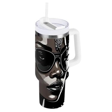 Imagem de ODAWA Copo de viagem isolado de aço inoxidável feminino afro-americano de 1,134 g com alça e tampa de canudo