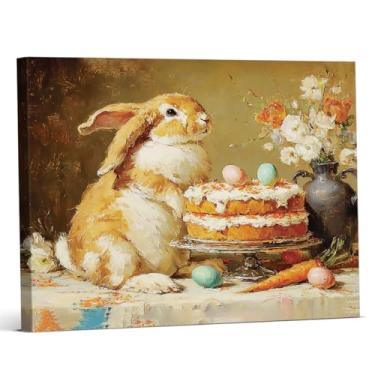 Imagem de Impressão de arte de parede de Páscoa de coelho vintage rústico coelho ovos bolo pintura em tela decoração de parede de Páscoa para casa fazenda sala de estar 20 x 25 centímetros emoldurado