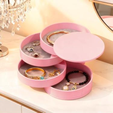 Imagem de Organizador de joias, pequena caixa de armazenamento de joias com tampa, bandeja de enfeite de cabeça giratória de 4 camadas, organizador de viagem redondo para anéis de presente, pulseiras, pulseiras