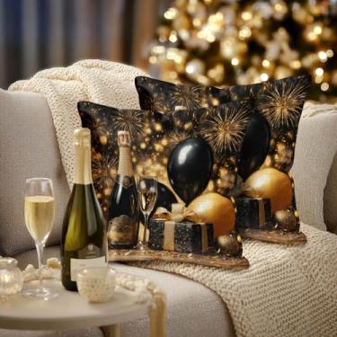 Imagem de HOMETITUTE Conjunto de 2 capas de almofada de linho feliz ano novo 45 x 45 cm ouro preto champanhe balões fogos de artifício capas de almofada rústica fazenda férias inverno fronhas para sofá cama