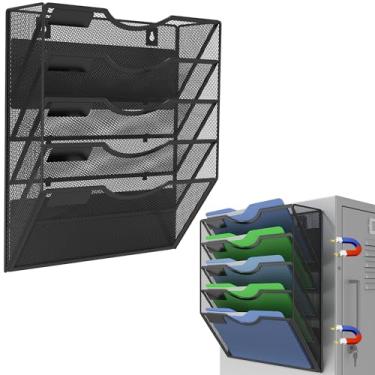 Imagem de Kuntine.B Suporte de arquivo magnético de 5 camadas (preto) – Porta-revistas para pendurar sem furadeira, organizador de várias cenas para armários de arquivos de escritório, geladeira e sala de aula