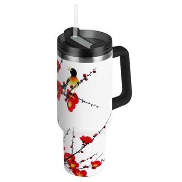 Imagem de Joisal Copos com tampa e canudos, flor de ameixa, flor branca, copo com alça 1,134 g, à prova de vazamento, garrafas de água fofas, isoladas, aço inoxidável, carros, caneca de café, bebida quente