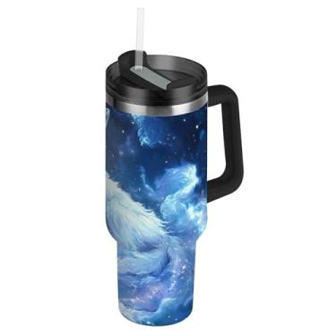 Imagem de Joisal Copo de 1,134 g com alça, copos de aço inoxidável com tampa e palha, garrafas de água modernas com isolamento térmico para galáxia azul lobo branco quente e frio