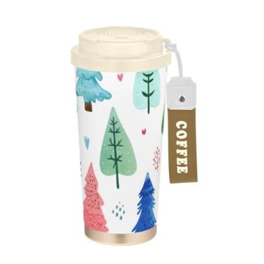 Imagem de Copo de café de viagem 473 ml com canudo e tampa, revestimento cerâmico, isolamento a vácuo, caneca de café de aço inoxidável à prova de vazamento, árvores de Natal em aquarela branca