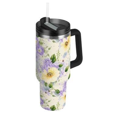 Imagem de Joisal Copo de 850 g com alça copos de aço inoxidável com tampas e canudos Garrafa de água moderna isolada caneca de café quente para carros roxo amarelo flores creme macio
