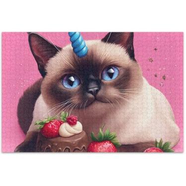 Imagem de Quebra-cabeças de 1000 peças de unicórnio gato siamês fofo para adultos decoração de arte pintura arte quebra-cabeças presentes para amantes de quebra-cabeças, 75 x 40 cm