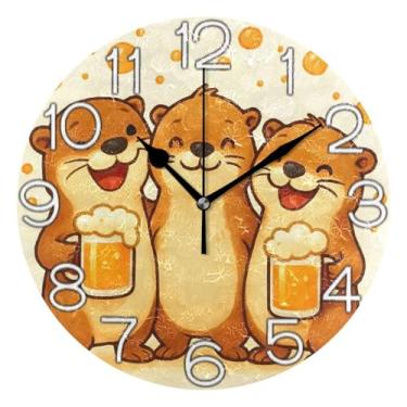 Imagem de Relógio de parede analógico decorativo moderno alimentado por bateria para quarto e cozinha, decoração de sala de estar, arte moderna, lontras de desenho animado alegres bege, 25 cm, ponteiros