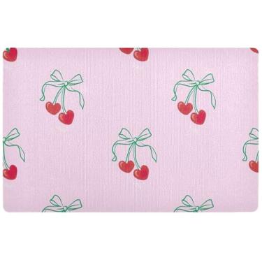 Imagem de TSENQUE Tapete de porta frontal rosa de desenho animado de cereja personalizado, tapete de boas-vindas absorvente para entrada de casa 81 x 50 cm