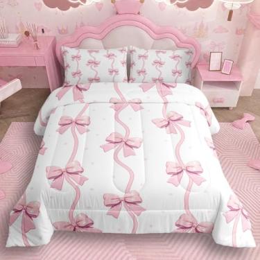 Imagem de Feelyou Conjunto de edredom fofo com laço em aquarela para todas as estações, conjunto de cama com 2 fronhas, estilo princesa sonhadora, de microfibra, para decoração de quarto, edredom respirável