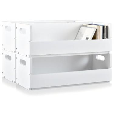 Imagem de CroBlissful Conjunto de 4 suportes de caixa de armazenamento de CD de madeira, prateleiras de fita cassete com alças de transporte, prateleira organizadora para capas de filmes, DVDs, cada conjunto