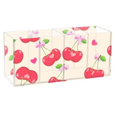 Imagem de TSENQUE Red Cherries Porta-canetas bege fofo para mesa, organizador de arte de escritório, suporte de copo de acrílico para lápis