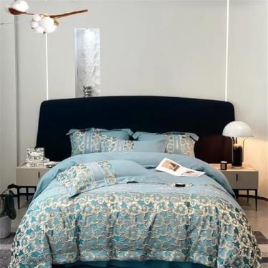 Imagem de Jogo de Cama em Algodão Bordado com Capa de Edredom, Lençóis e Fronhas, Azul, Tamanho King (4 peças)