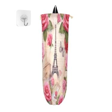 Imagem de Porta-sacolas plásticas vintage Paris rosa e Torre Eiffel para mercearia, suporte de sacola de supermercado, organizador de sacolas plásticas de cozinha