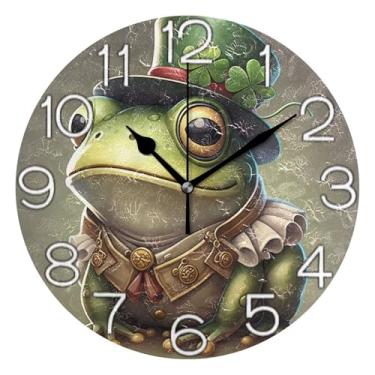 Imagem de GAIGEO Relógio de parede analógico decorativo redondo sem tique-taque silencioso relógio de cozinha fofo, decoração de sala de estar, arte moderna, sapo fofo verde vívido, 25 cm, ponteiros pretos