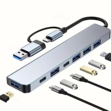 Imagem de Adaptador de transferência de dados 7 em 1 com hub multiportas tipo C e USB-A para telefones, tablets, laptops, escritório, viagens, prata
