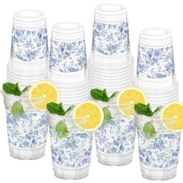 Imagem de HYMENEX 50 peças de copos florais, copos de flores azuis de 350 ml, copo floral vintage para aniversário, casamento, noiva, chá de bebê, decoração de chá e suprimentos