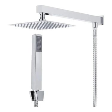 Imagem de Chuveiro quadrado com coletor de metal cromado prateado.