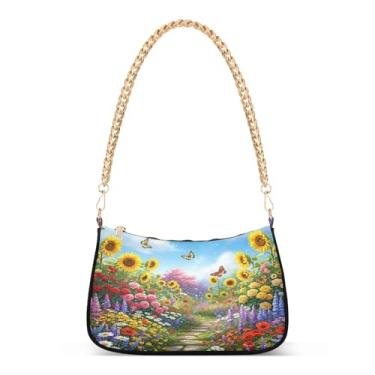 Imagem de Bolsa de ombro com corrente de primavera com flores coloridas vibrantes, bolsa artística média, bolsa Hobo feminina clutch para uso diário e noite