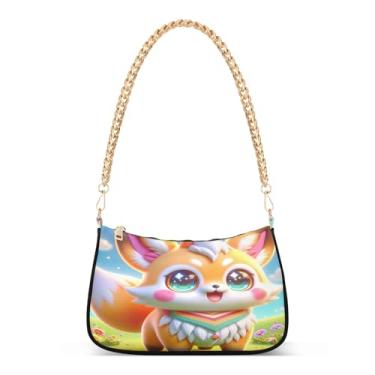 Imagem de Linda bolsa de ombro com corrente de animal de raposa de desenho animado, bolsa feminina Hobo com grande capacidade, bolsa moderna para uso diário e festa
