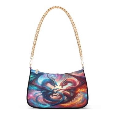 Imagem de Fantasy Dragons Bolsa de ombro colorida de corrente legal, bolsa de mão artística média para mulheres, bolsa clutch Hobo versátil