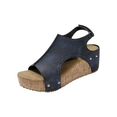 Imagem de Sandálias femininas fashion casual primavera e verão cor sólida costura bico redondo bico aberto fivela de uma linha inferior grossa sandálias plataforma, Azul-royal escuro, 39