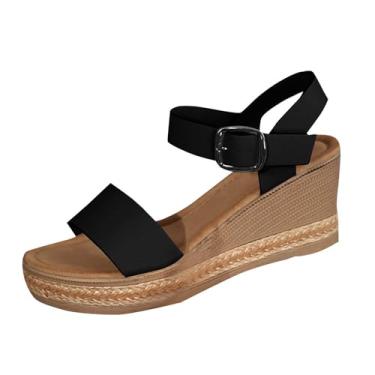 Imagem de Sandálias femininas modernas, casuais, versáteis, com fivela de boca de peixe, parte inferior grossa, estilo primavera e verão, salto plataforma, Preto, 38