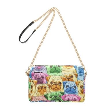 Imagem de Joitme Bolsa de ombro feminina colorida de desenho animado Pugs Dogs Bolsa tiracolo para celular bolsa de couro PU alça de corrente