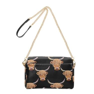 Imagem de Joitme Bolsa feminina tiracolo para celular, lindas cabeças de vaca Highland, bolsa de ombro de couro PU preta com alça de corrente