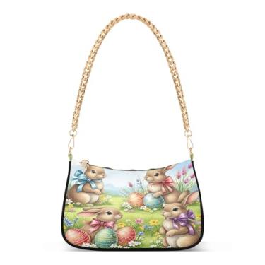 Imagem de Cute Bunnies Bolsa de ombro colorida de corrente de Páscoa, bolsa Hobo feminina com estampa artística para uso diário e festa