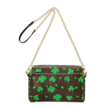 Imagem de Joitme Bolsa tiracolo feminina bolsa para celular linda bolsa de ombro de couro PU com alça de corrente verde trevo da sorte marrom