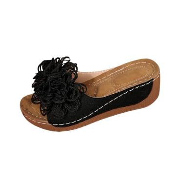 Imagem de Pantufas femininas modernas, casuais, estilo verão, cor sólida, boca de peixe, sola grossa, Preto, 34