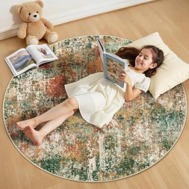 Imagem de RELEANY Tapetes laváveis de 1,2 m, antiderrapante, moderno, abstrato, macio para sala de estar, entrada, quarto, berçário, estampado, verde, laranja, ferrugem, vermelho, creme, colorido