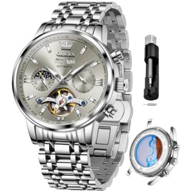 Imagem de OLEVS Relógios automáticos masculinos mecânicos luxuosos com corda automática, vários calendários, aço inoxidável, à prova d'água, relógios de pulso para homens, relógios cinza 6074, relógio masculino